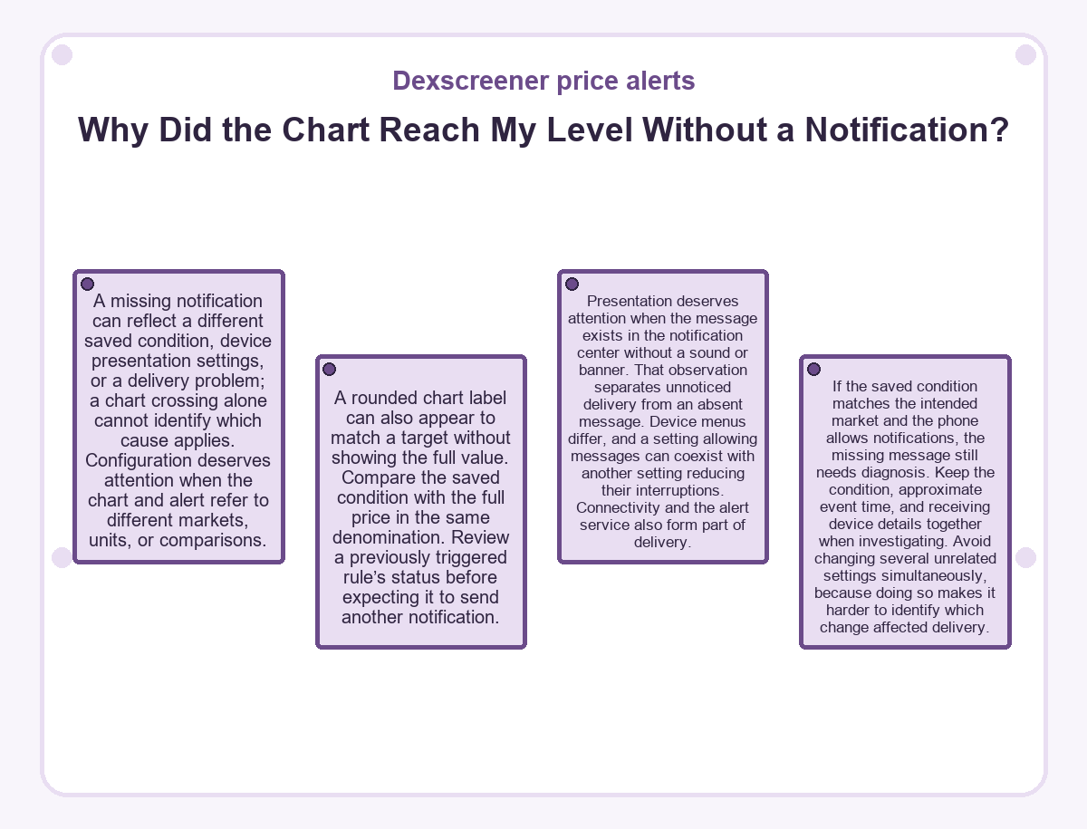 Visual outline: Dexscreener price alerts: Why Did the Chart Reach My Level Without a Notification?